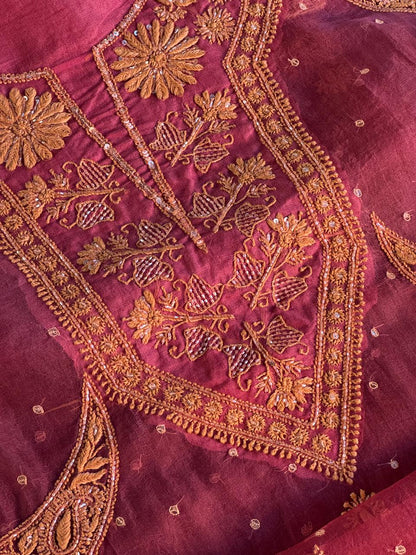 Coral Red Shade Noor Organza Silk Chikankari Unstitched Fabric