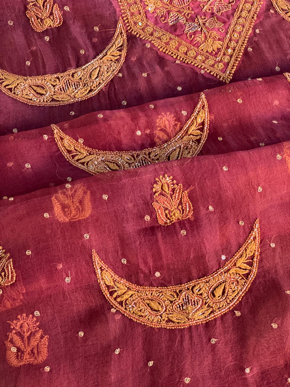 Coral Red Shade Noor Organza Silk Chikankari Unstitched Fabric