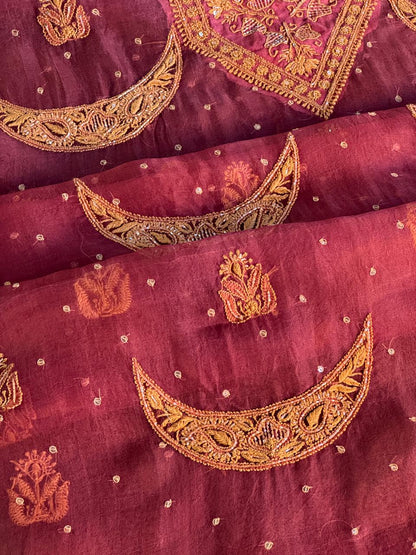 Coral Red Shade Noor Organza Silk Chikankari Unstitched Fabric