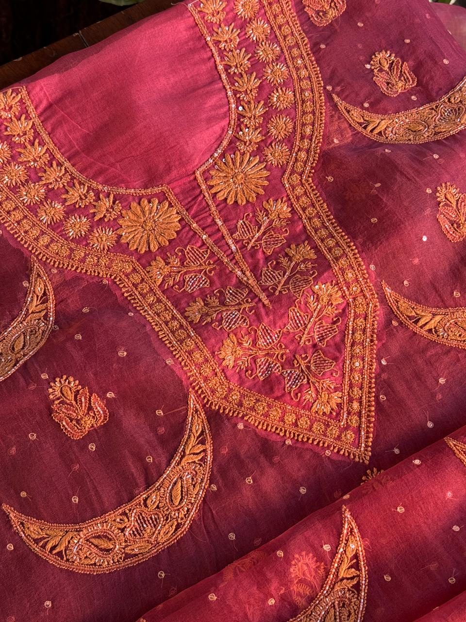 Coral Red Shade Noor Organza Silk Chikankari Unstitched Fabric