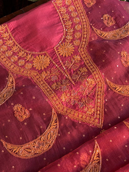 Coral Red Shade Noor Organza Silk Chikankari Unstitched Fabric