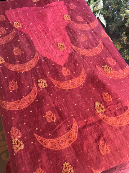 Coral Red Shade Noor Organza Silk Chikankari Unstitched Fabric
