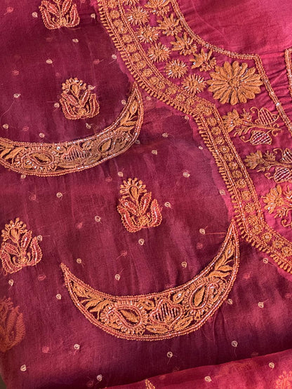 Coral Red Shade Noor Organza Silk Chikankari Unstitched Fabric