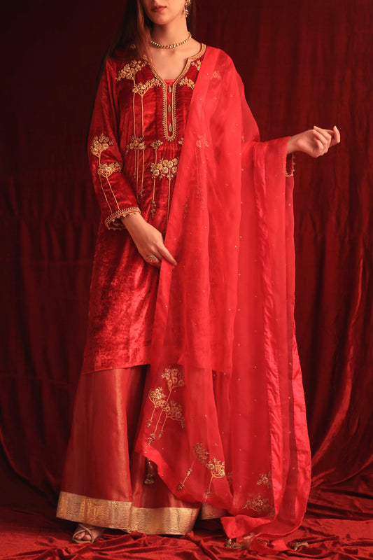 Coral Red Shade | Saman Velvet Ready To Wear Kurta Set