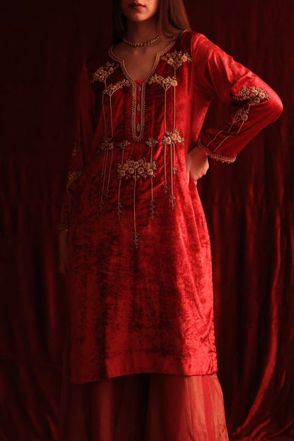 Coral Red Shade | Saman Velvet Ready To Wear Kurta Set