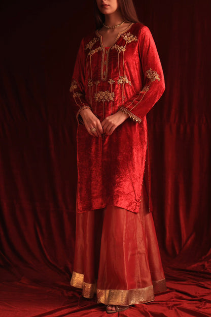 Coral Red Shade | Saman Velvet Ready To Wear Kurta Set