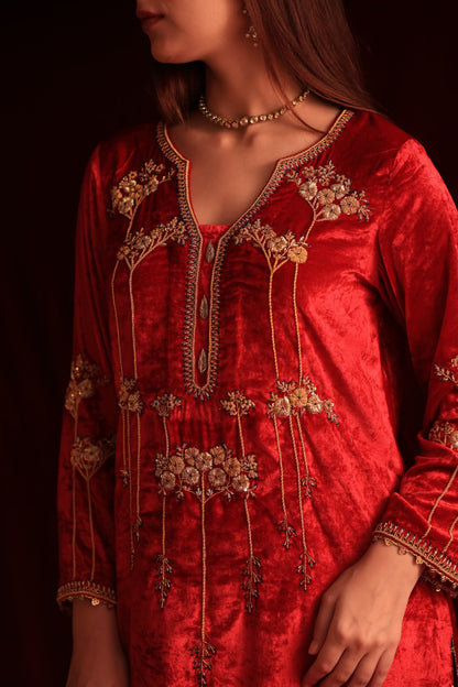Coral Red Shade | Saman Velvet Ready To Wear Kurta Set