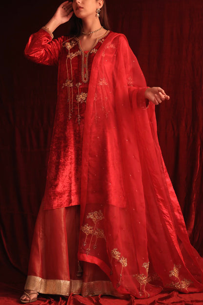 Coral Red Shade | Saman Velvet Ready To Wear Kurta Set