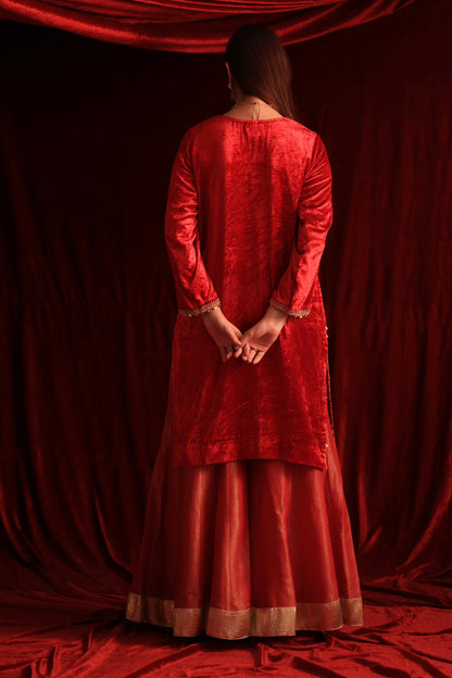 Coral Red Shade | Saman Velvet Ready To Wear Kurta Set