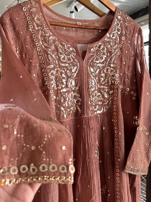 Coral Rose Mukaish Mul Chanderi Silk Ready To Wear Dress