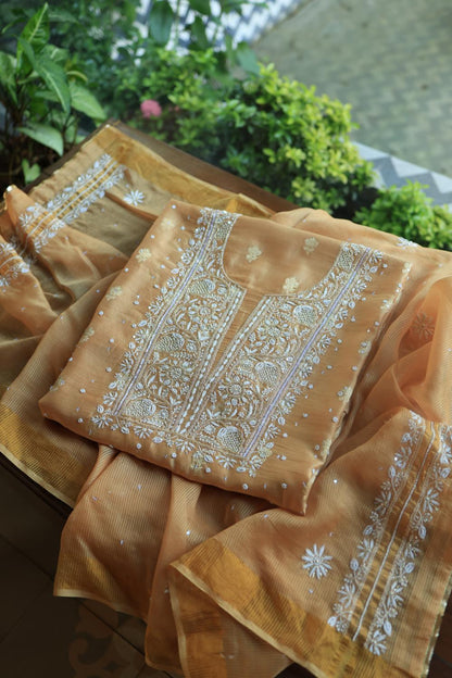 Coral Peach Banarasi Zari Chanderi Unstitched Chikankari Fabric