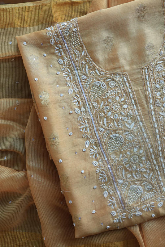 Coral Peach Banarasi Zari Chanderi Unstitched Chikankari Fabric