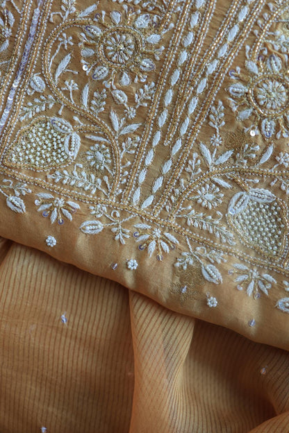 Coral Peach Banarasi Zari Chanderi Unstitched Chikankari Fabric