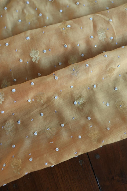 Coral Peach Banarasi Zari Chanderi Unstitched Chikankari Fabric