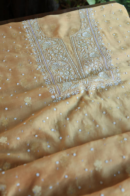 Coral Peach Banarasi Zari Chanderi Unstitched Chikankari Fabric