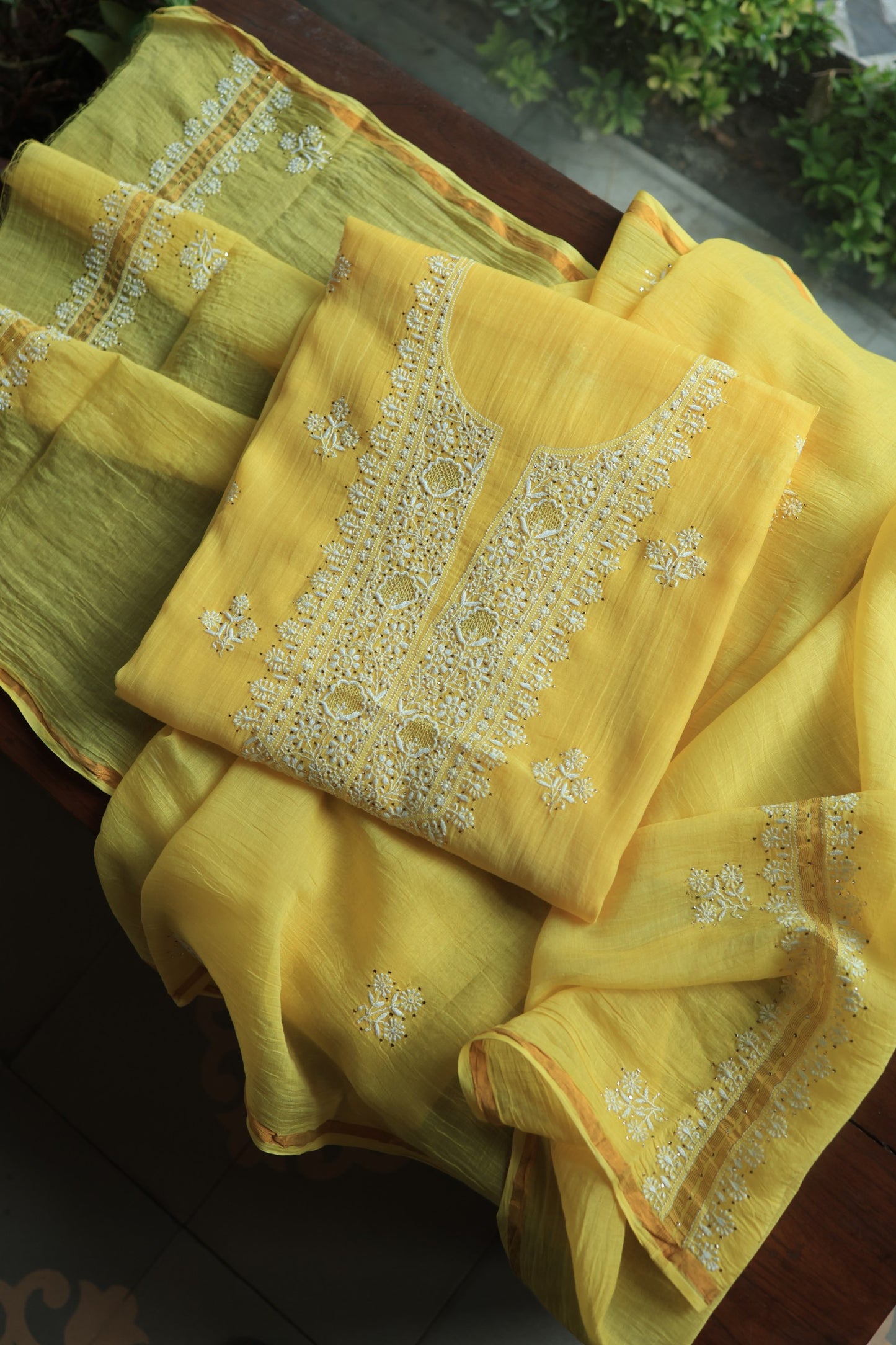 Corn Yellow Shade Mal Cotton Chikankari Unstitched Fabrics With Kamdani