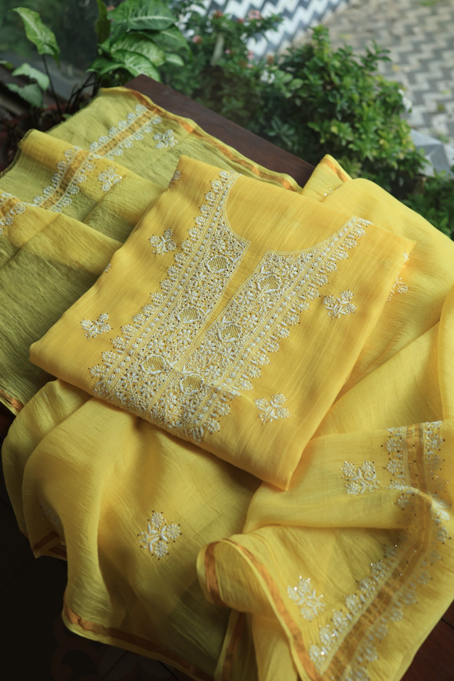 Corn Yellow Shade Mal Cotton Chikankari Unstitched Fabrics With Kamdani