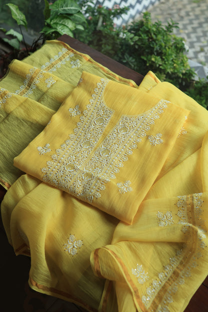 Corn Yellow Shade Mal Cotton Chikankari Unstitched Fabrics With Kamdani