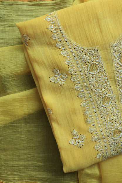 Corn Yellow Shade Mal Cotton Chikankari Unstitched Fabrics With Kamdani
