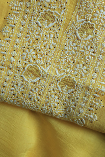 Corn Yellow Shade Mal Cotton Chikankari Unstitched Fabrics With Kamdani