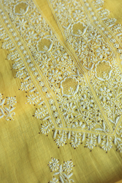 Corn Yellow Shade Mal Cotton Chikankari Unstitched Fabrics With Kamdani
