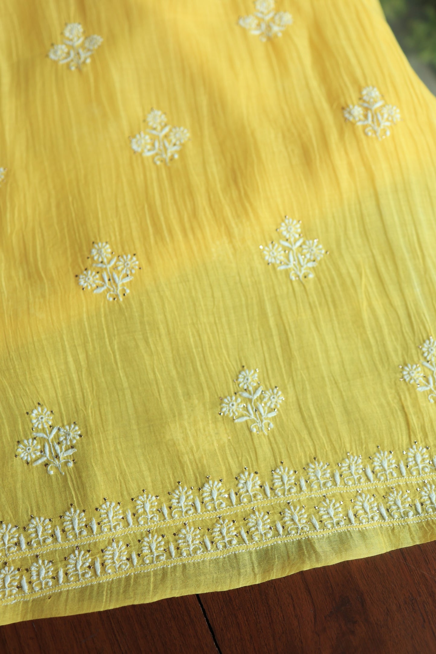 Corn Yellow Shade Mal Cotton Chikankari Unstitched Fabrics With Kamdani