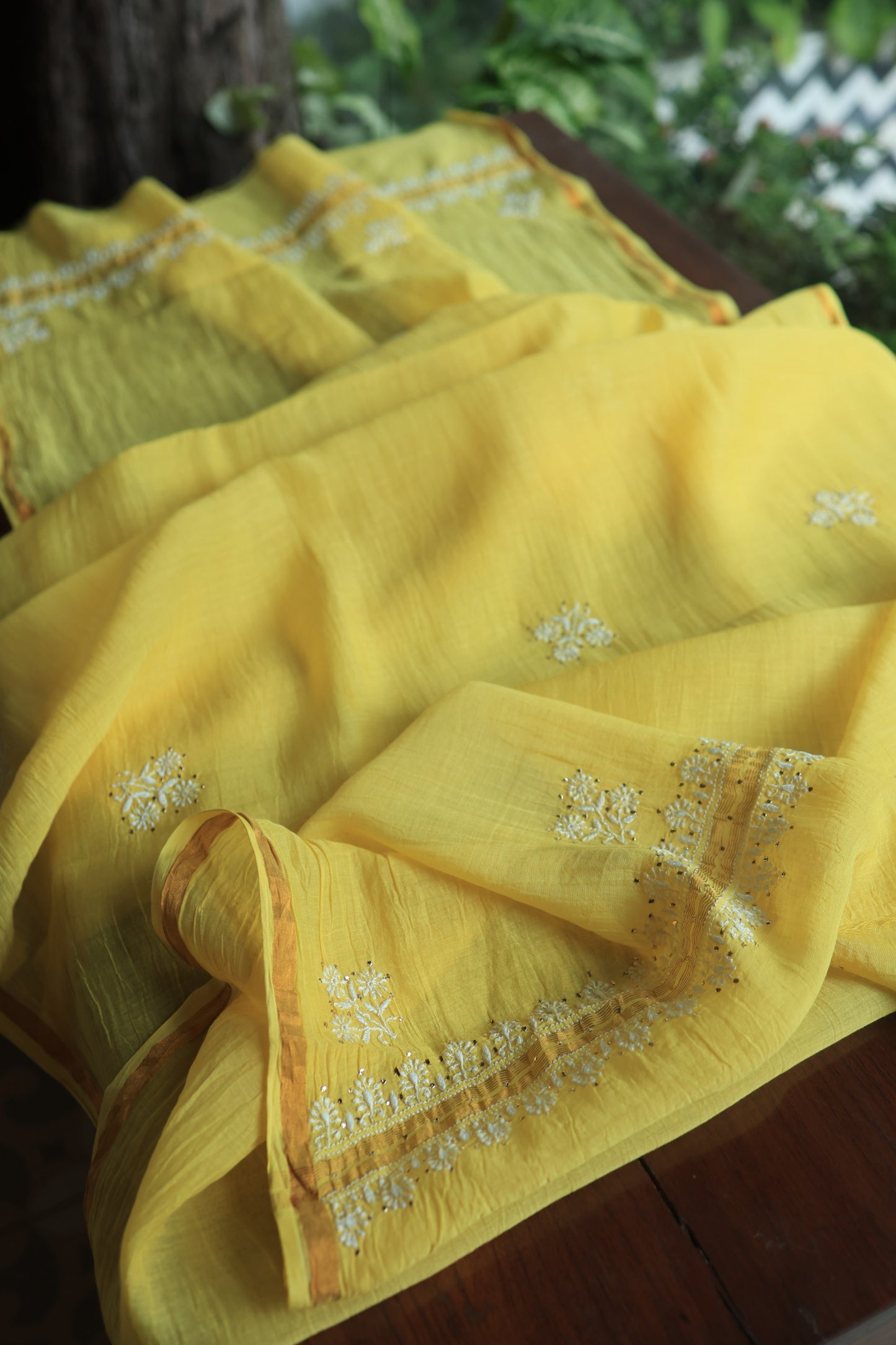 Corn Yellow Shade Mal Cotton Chikankari Unstitched Fabrics With Kamdani