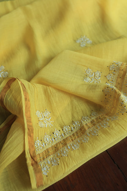 Corn Yellow Shade Mal Cotton Chikankari Unstitched Fabrics With Kamdani
