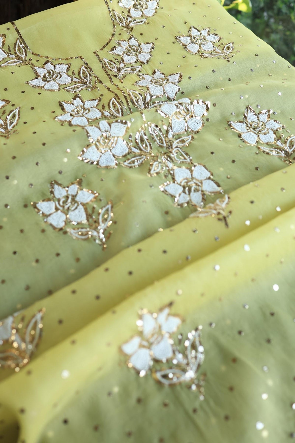 Corn Yellow Shade Noor Organza Silk Mukaish Pearl Chikankari Unstitched Fabric
