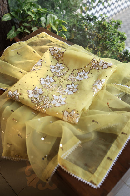 Corn Yellow Shade Noor Organza Silk Mukaish Pearl Chikankari Unstitched Fabric