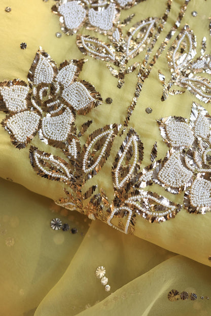 Corn Yellow Shade Noor Organza Silk Mukaish Pearl Chikankari Unstitched Fabric
