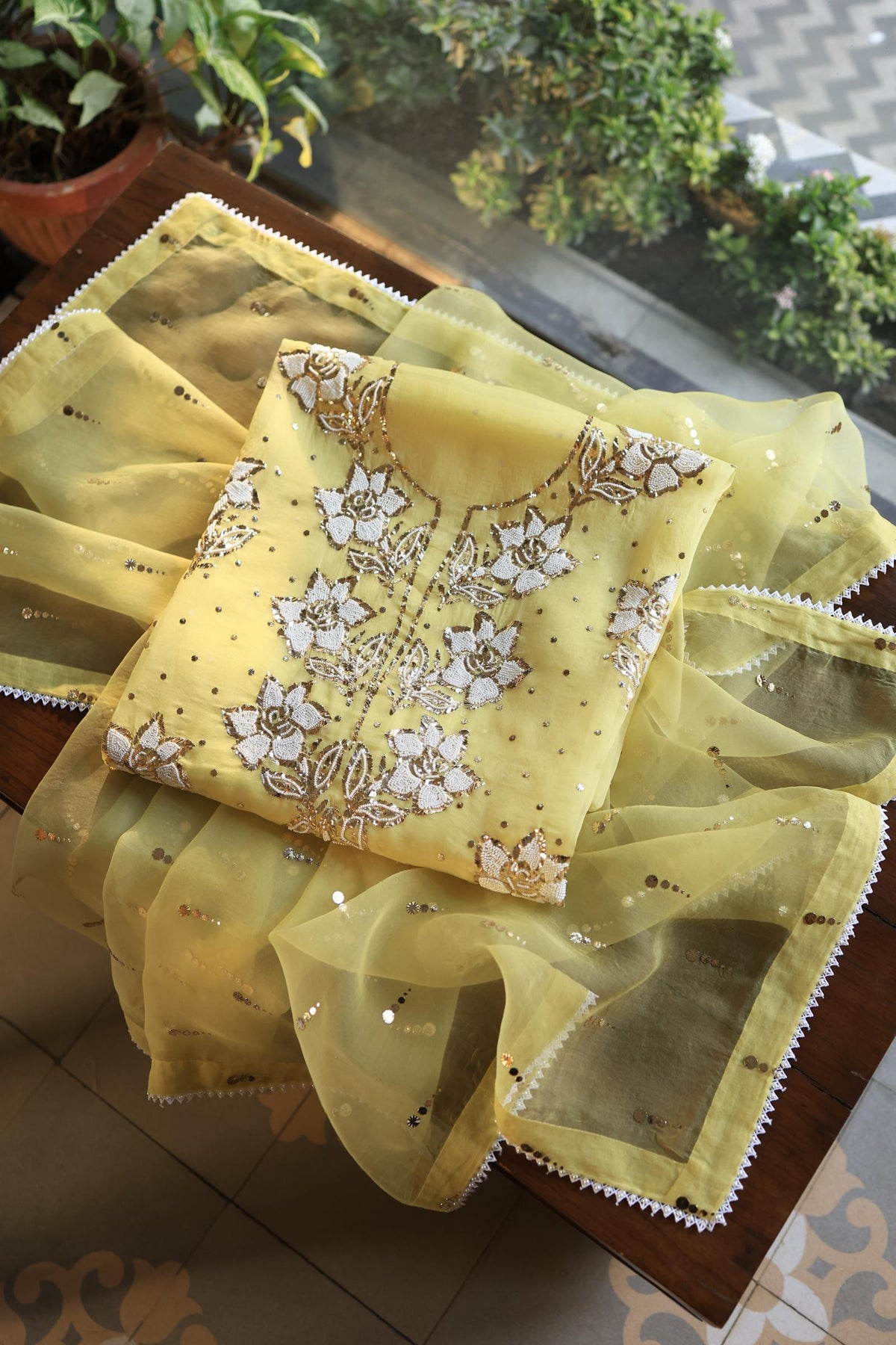 Corn Yellow Shade Noor Organza Silk Mukaish Pearl Chikankari Unstitched Fabric