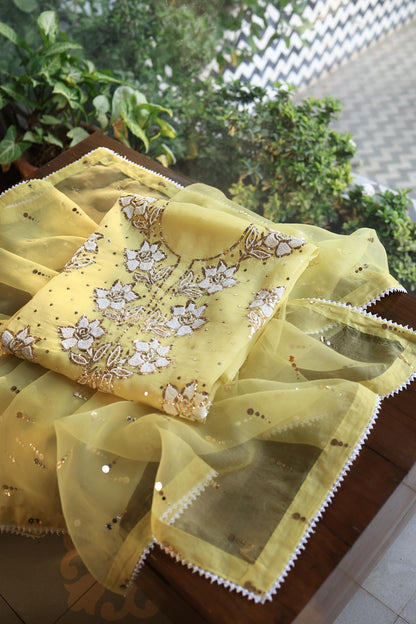 Corn Yellow Shade Noor Organza Silk Mukaish Pearl Chikankari Unstitched Fabric