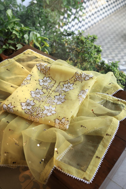 Corn Yellow Shade Noor Organza Silk Mukaish Pearl Chikankari Unstitched Fabric