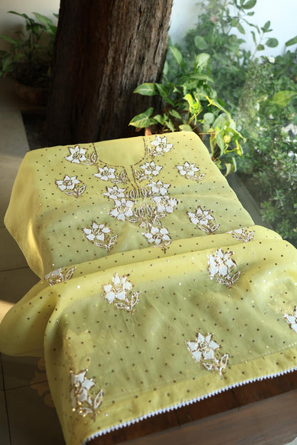 Corn Yellow Shade Noor Organza Silk Mukaish Pearl Chikankari Unstitched Fabric