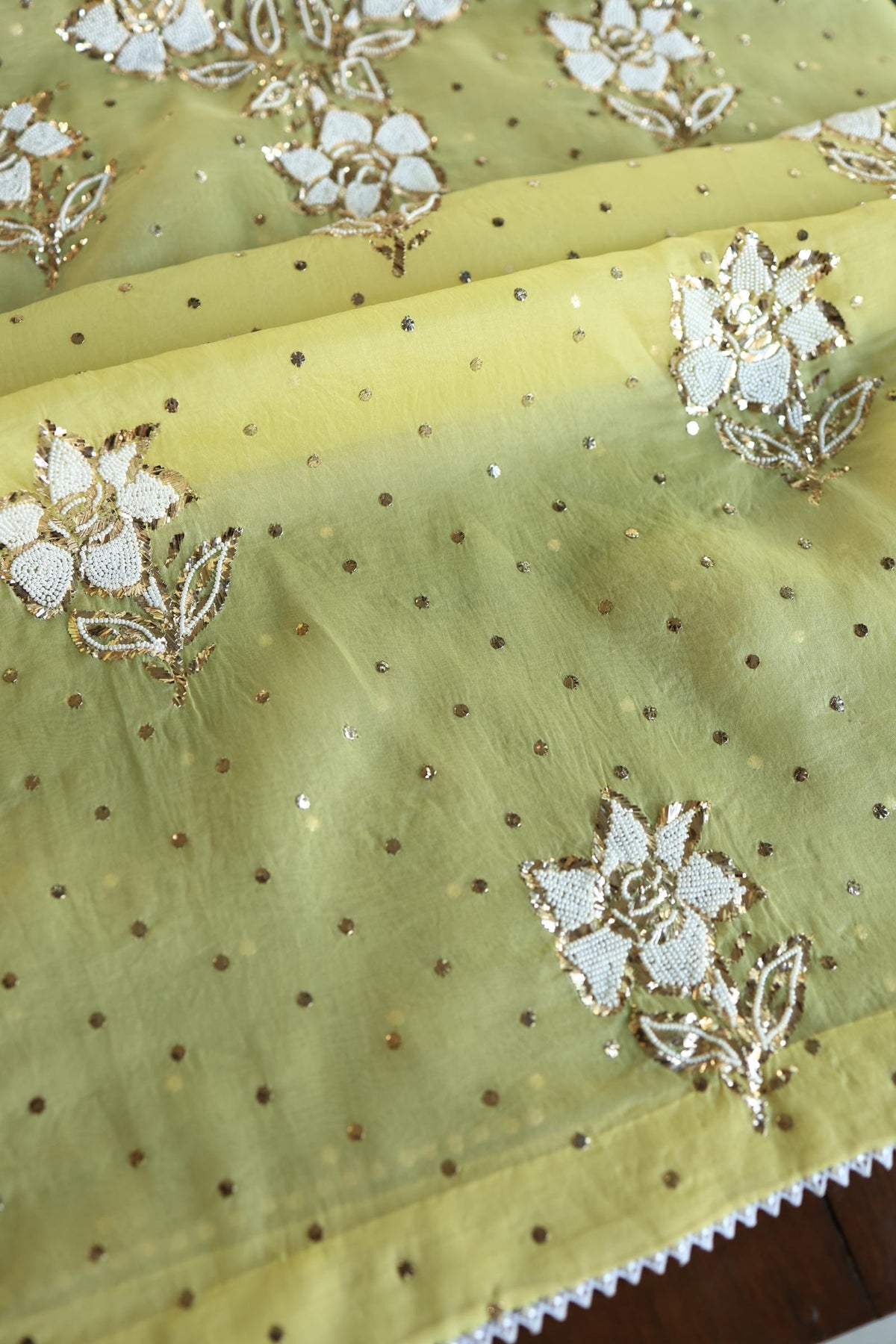 Corn Yellow Shade Noor Organza Silk Mukaish Pearl Chikankari Unstitched Fabric