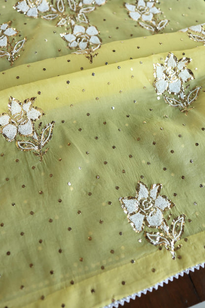 Corn Yellow Shade Noor Organza Silk Mukaish Pearl Chikankari Unstitched Fabric
