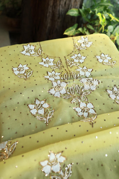 Corn Yellow Shade Noor Organza Silk Mukaish Pearl Chikankari Unstitched Fabric