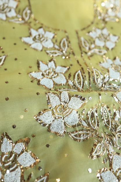 Corn Yellow Shade Noor Organza Silk Mukaish Pearl Chikankari Unstitched Fabric