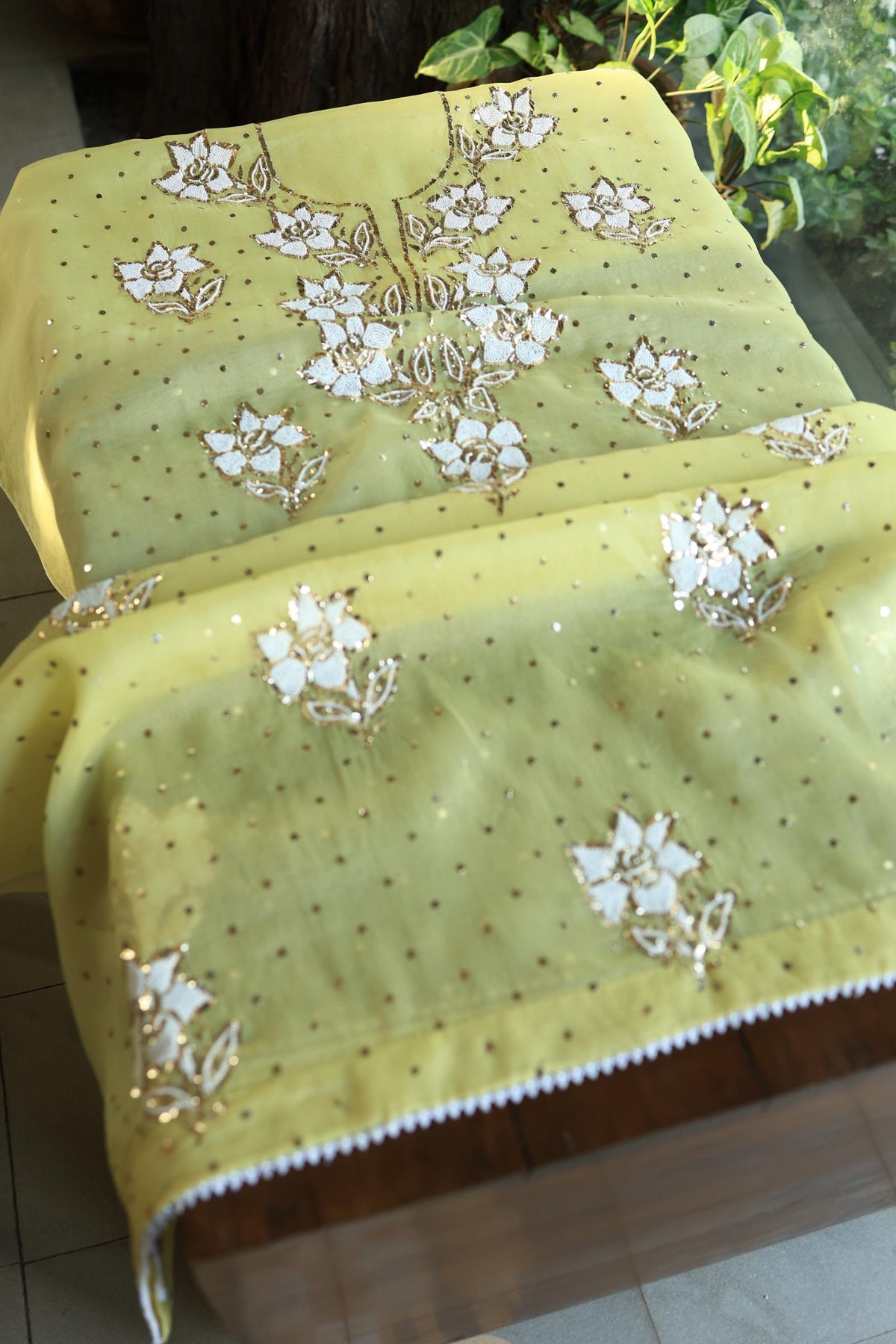 Corn Yellow Shade Noor Organza Silk Mukaish Pearl Chikankari Unstitched Fabric