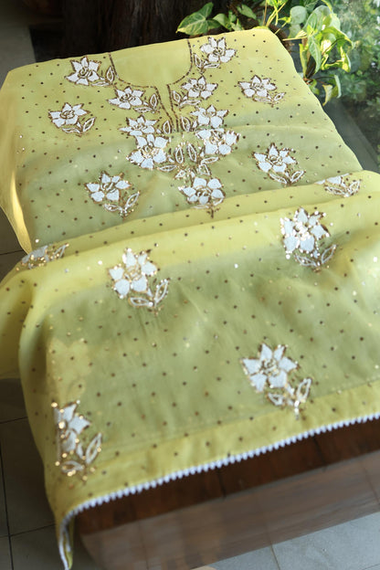 Corn Yellow Shade Noor Organza Silk Mukaish Pearl Chikankari Unstitched Fabric