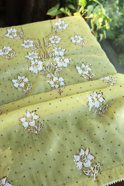 Corn Yellow Shade Noor Organza Silk Mukaish Pearl Chikankari Unstitched Fabric