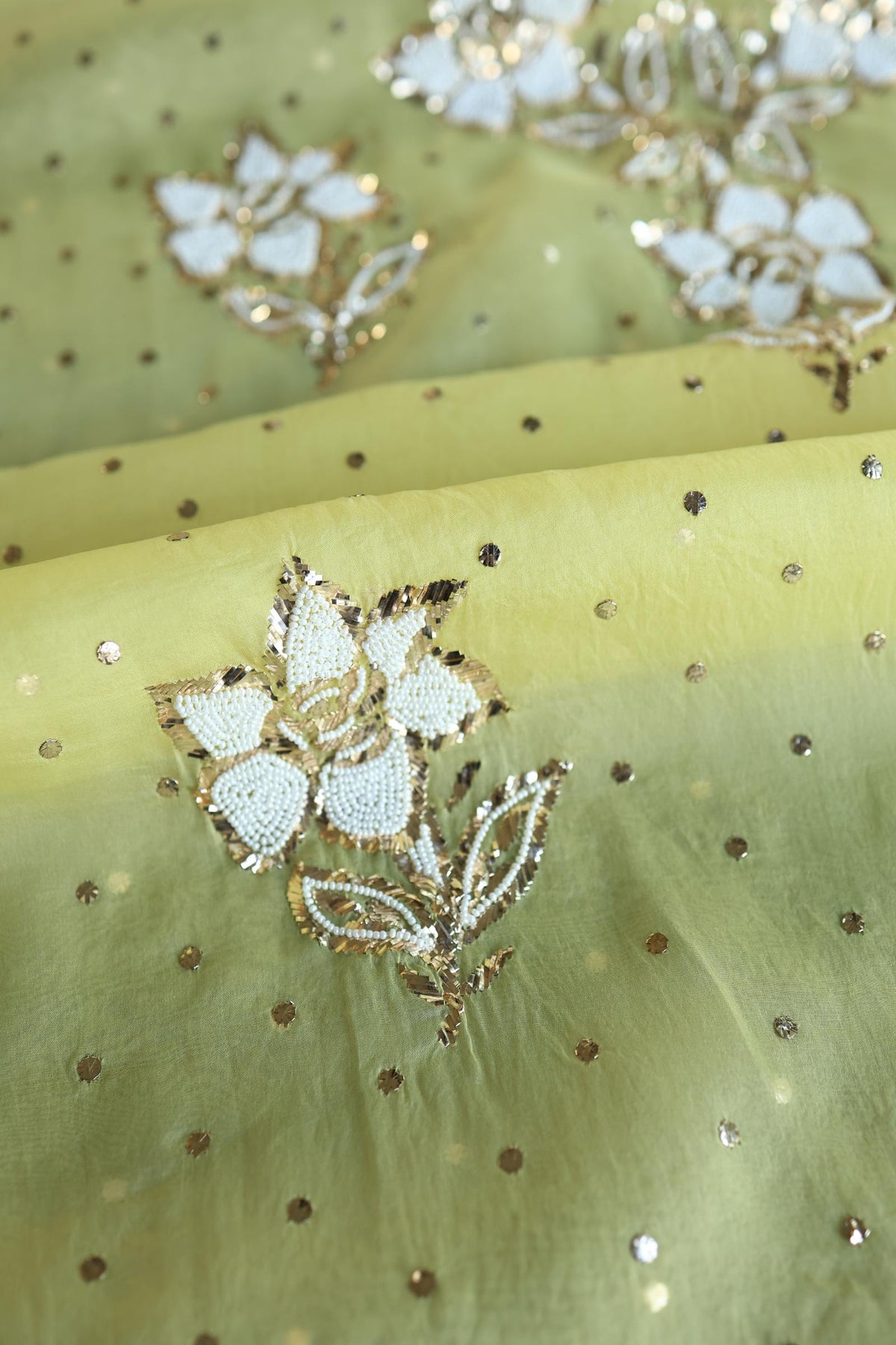 Corn Yellow Shade Noor Organza Silk Mukaish Pearl Chikankari Unstitched Fabric