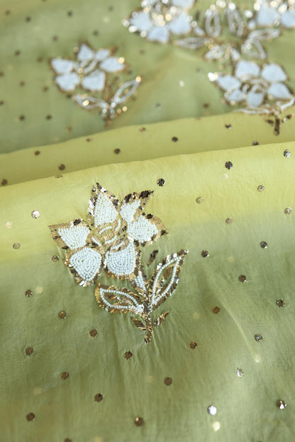 Corn Yellow Shade Noor Organza Silk Mukaish Pearl Chikankari Unstitched Fabric