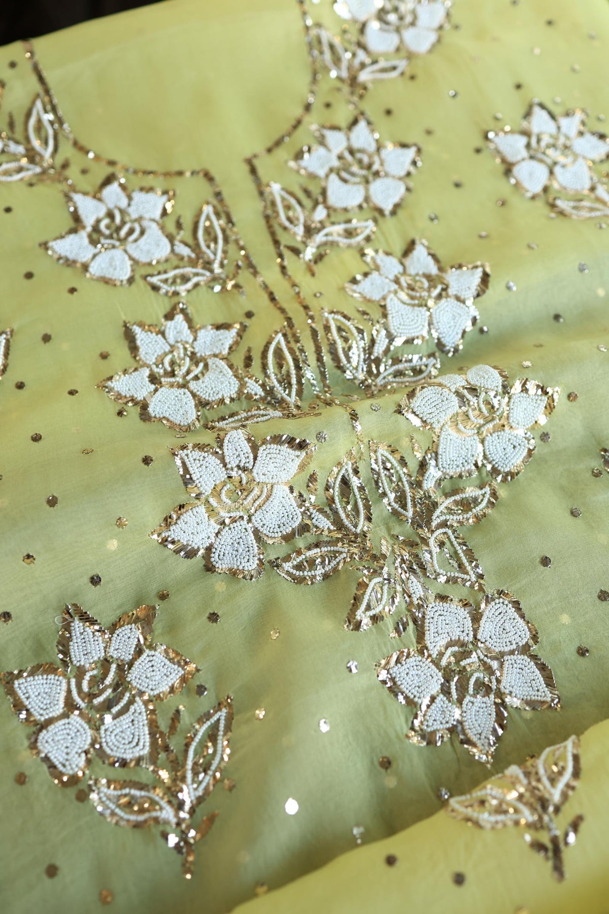 Corn Yellow Shade Noor Organza Silk Mukaish Pearl Chikankari Unstitched Fabric