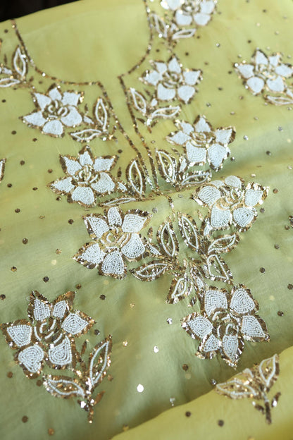 Corn Yellow Shade Noor Organza Silk Mukaish Pearl Chikankari Unstitched Fabric