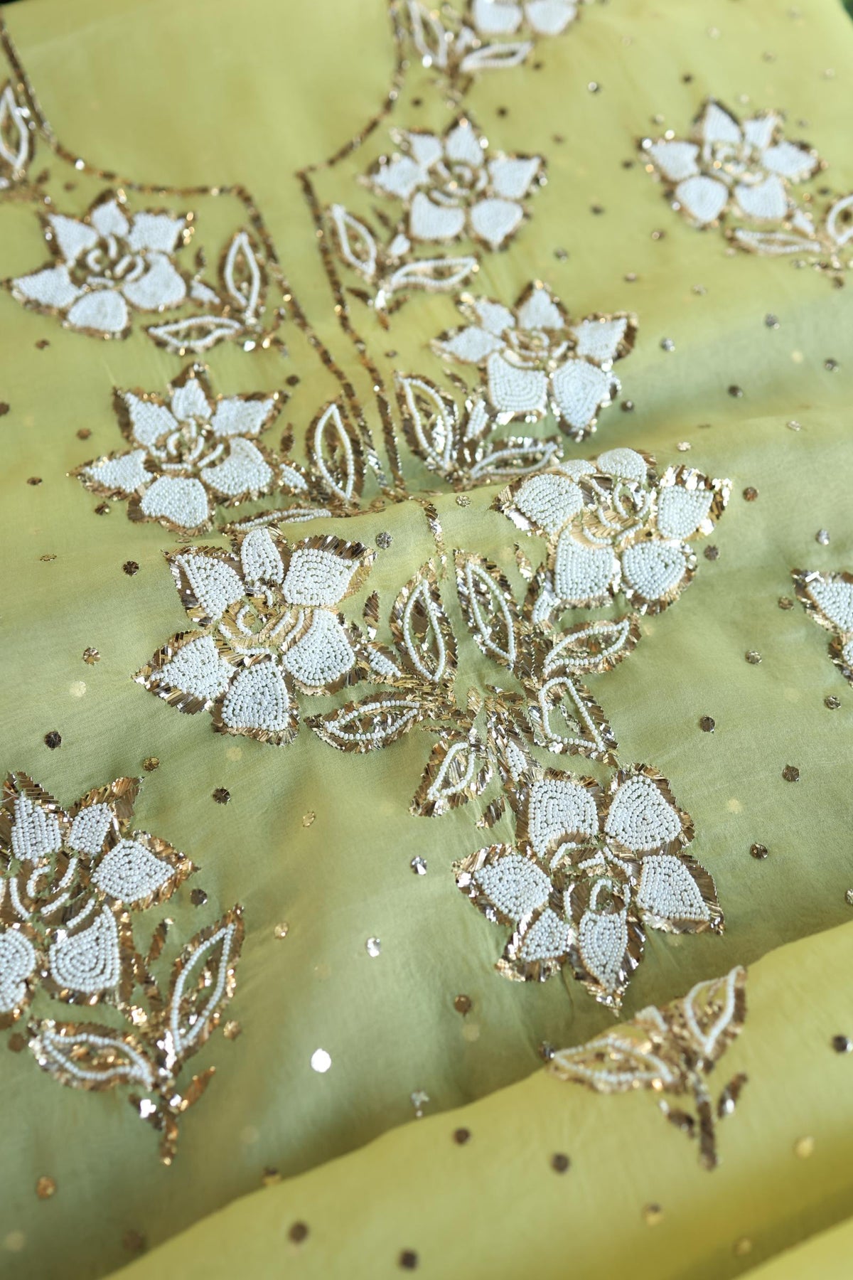Corn Yellow Shade Noor Organza Silk Mukaish Pearl Chikankari Unstitched Fabric