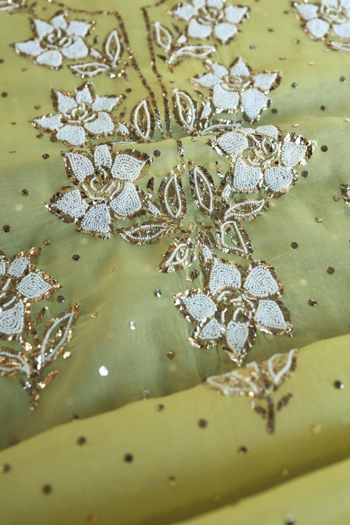Corn Yellow Shade Noor Organza Silk Mukaish Pearl Chikankari Unstitched Fabric