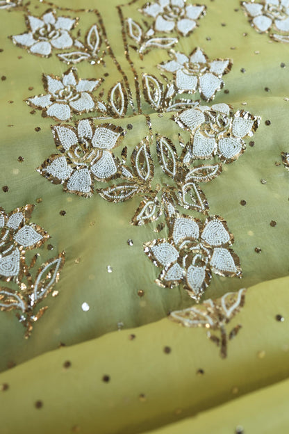 Corn Yellow Shade Noor Organza Silk Mukaish Pearl Chikankari Unstitched Fabric