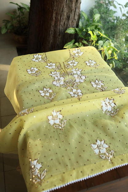Corn Yellow Shade Noor Organza Silk Mukaish Pearl Chikankari Unstitched Fabric